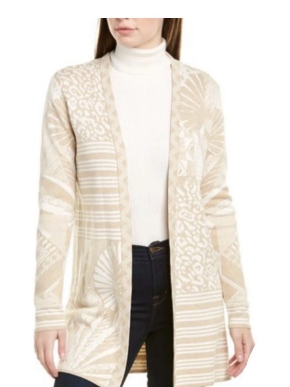 J. McLaughlin Beige and Cream Patterned Open-Front Cardigan